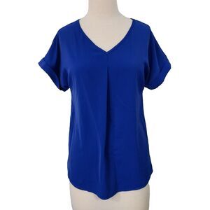 Quezhu Shirt Top Womens Medium Stretch Blue Short Sleeves V Neck Flowy Blouse